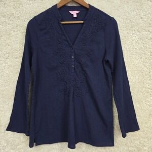 Lilly Pulitzer Shirt Womens Medium Blue Long Sleeve Tunic Embroidered‎ Gauzy